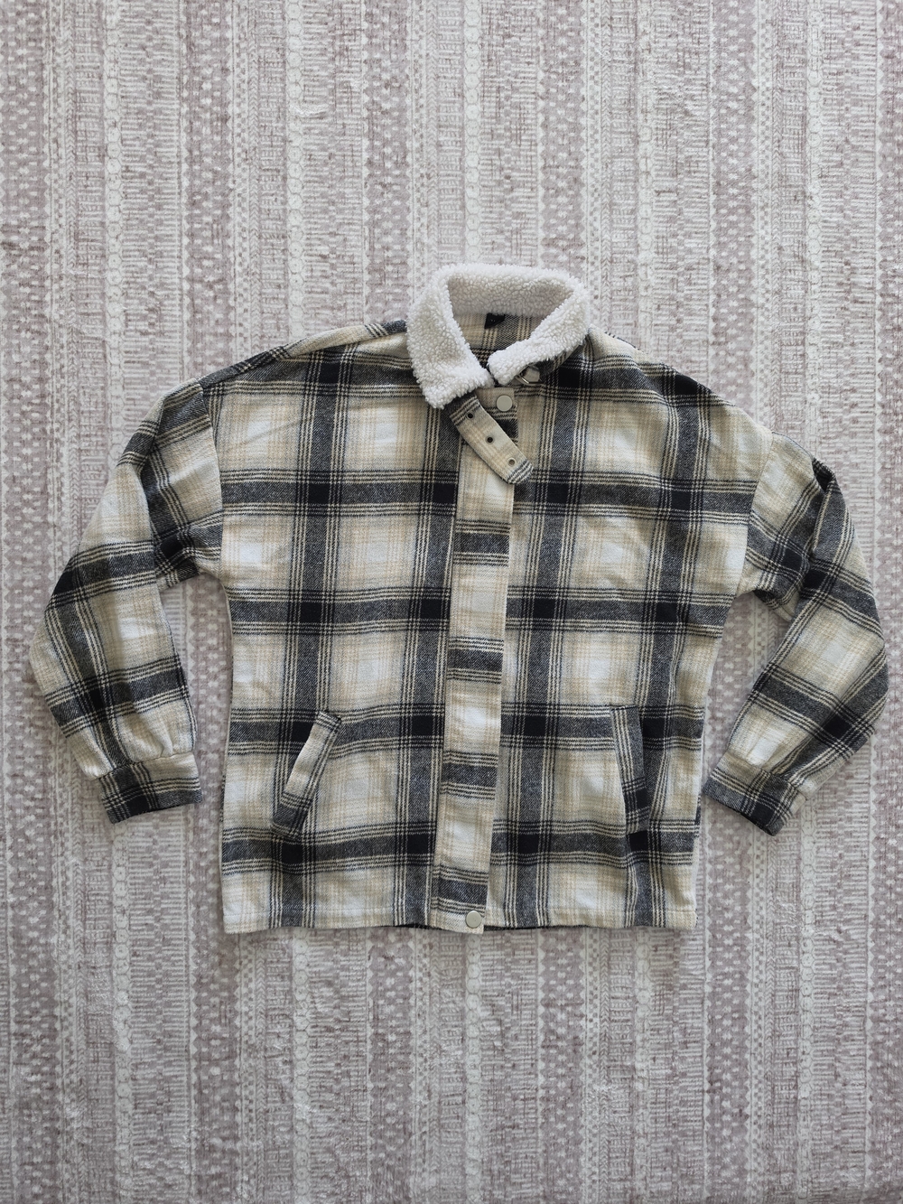 SHEIN Plaid Sherpa Collar Zip Jacket Buckle Shacket - Size XS